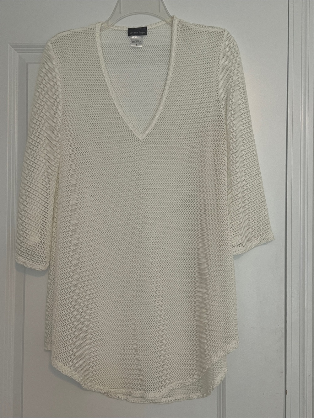 Jordan Taylor Open-Knit V-Neck swim cover up in Ivory-Cream